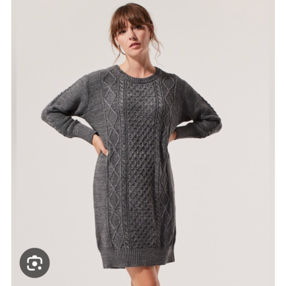 Pact NWT Organic Cotton Cable Knit Sweater Dress Gray Fisherman Preppy Academia - Picture 1 of 8